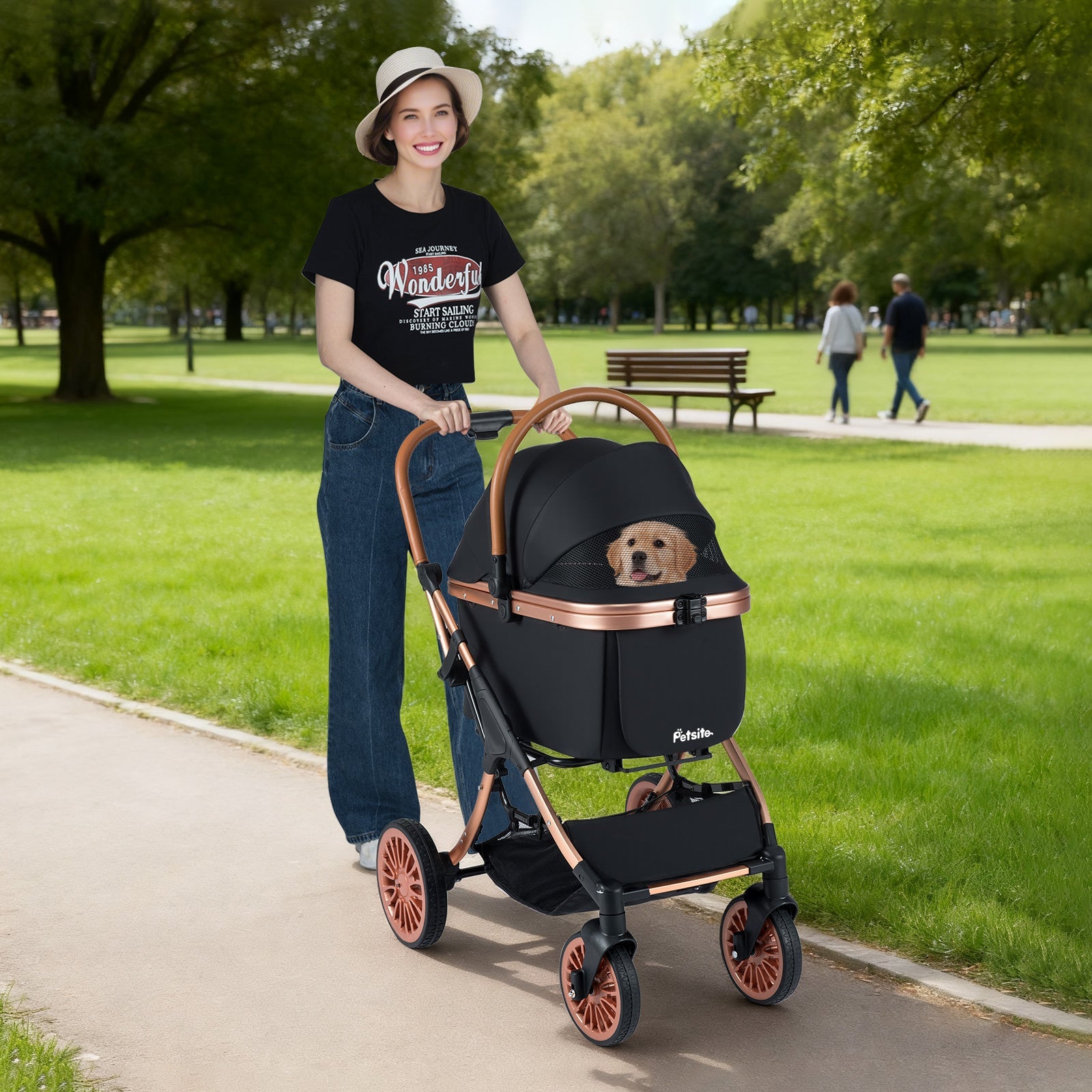 3-in-1 Foldable Stroller with 180 Degree Canopy, Carrier, and Car Seat - Dog Cat - (Black)