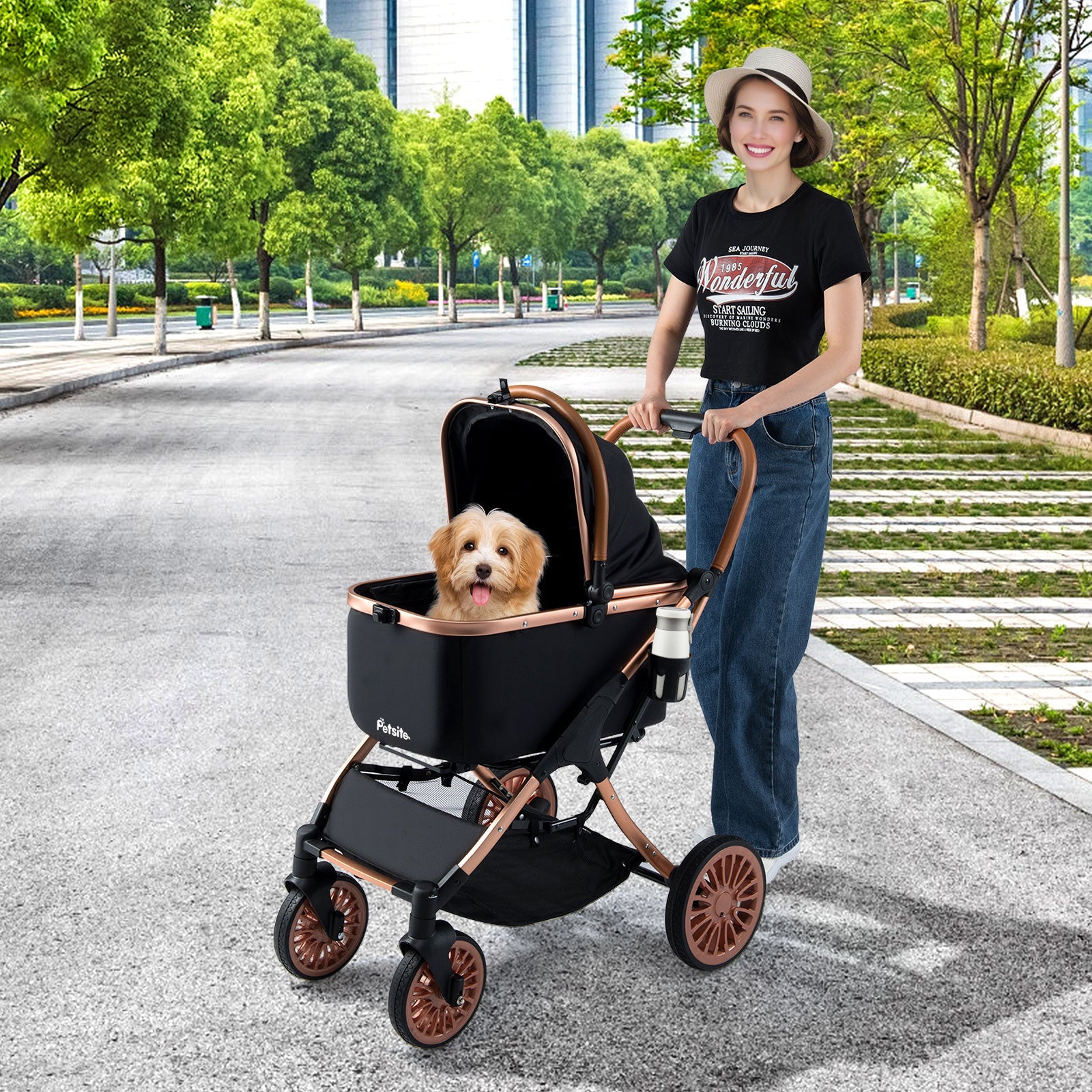 3-in-1 Foldable Stroller with 180 Degree Canopy, Carrier, and Car Seat - Dog Cat - (Black)