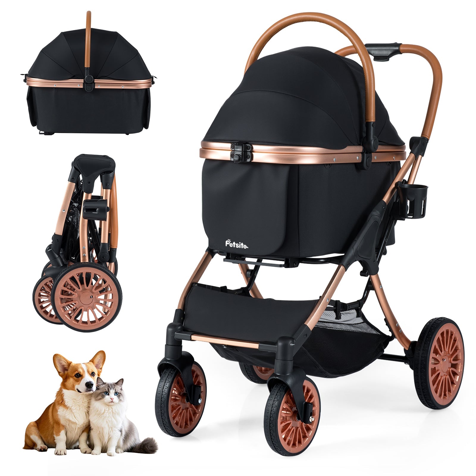 3-in-1 Foldable Stroller with 180 Degree Canopy, Carrier, and Car Seat - Dog Cat - (Black)