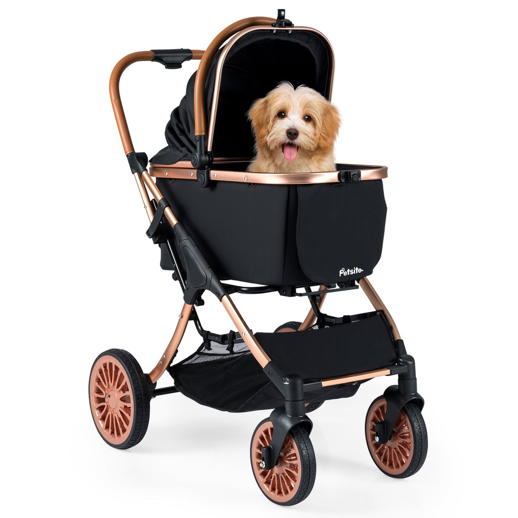 3-in-1 Foldable Stroller with 180 Degree Canopy, Carrier, and Car Seat - Dog Cat - (Black)