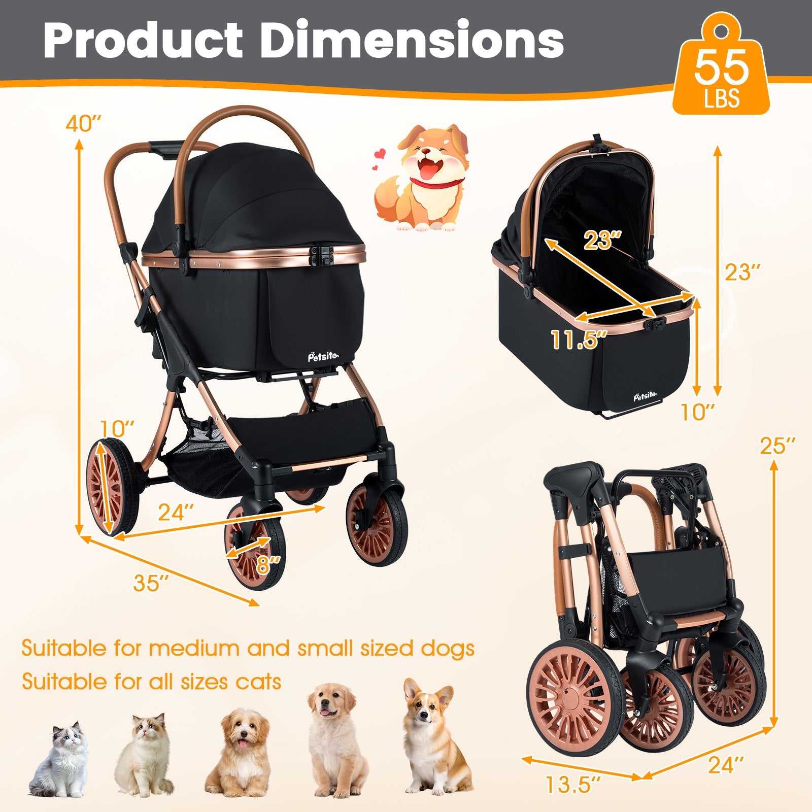 3-in-1 Foldable Stroller with 180 Degree Canopy, Carrier, and Car Seat - Dog Cat - (Black)
