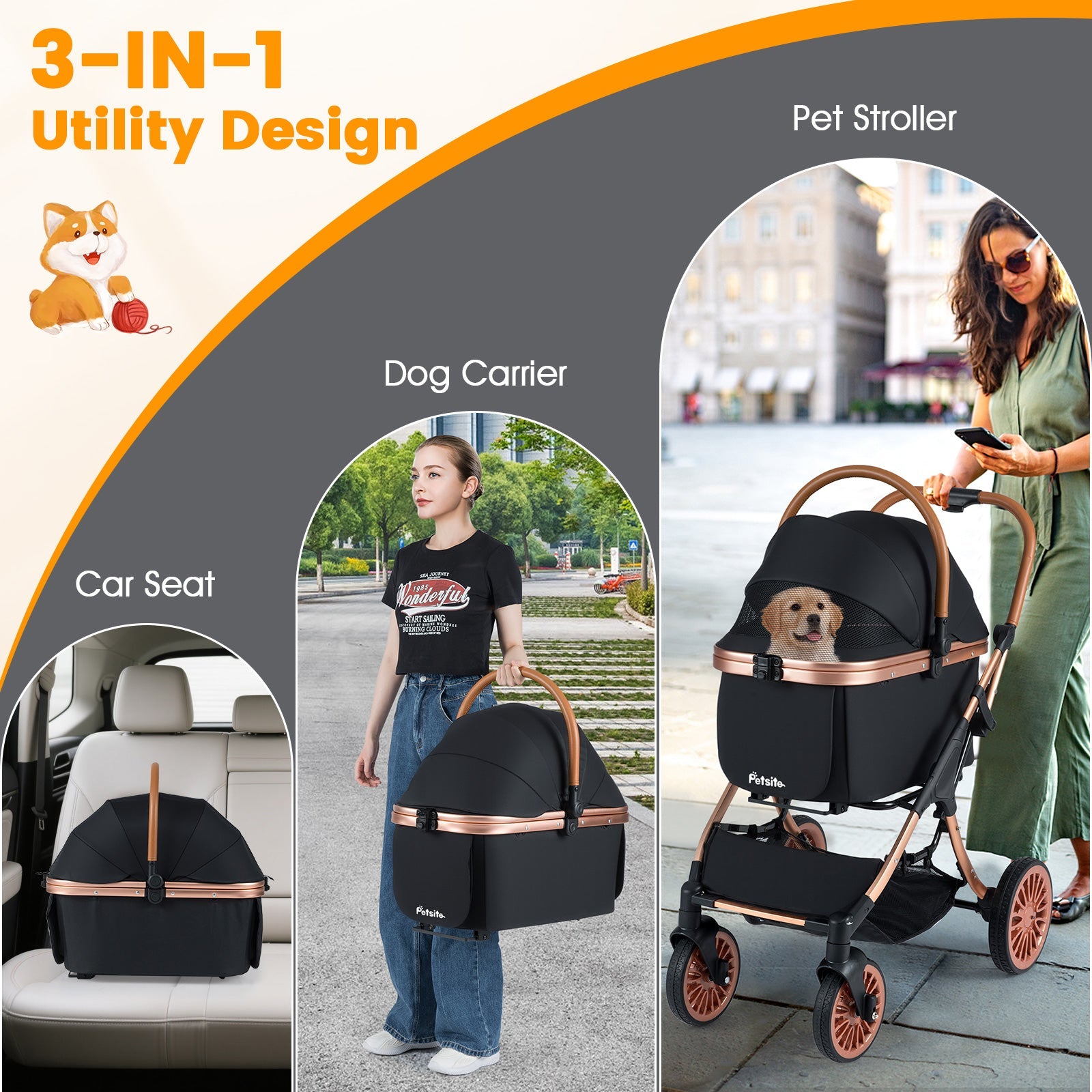 3-in-1 Foldable Stroller with 180 Degree Canopy, Carrier, and Car Seat - Dog Cat - (Black)
