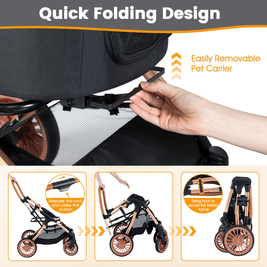 3-in-1 Foldable Stroller with 180 Degree Canopy, Carrier, and Car Seat - Dog Cat - (Black)
