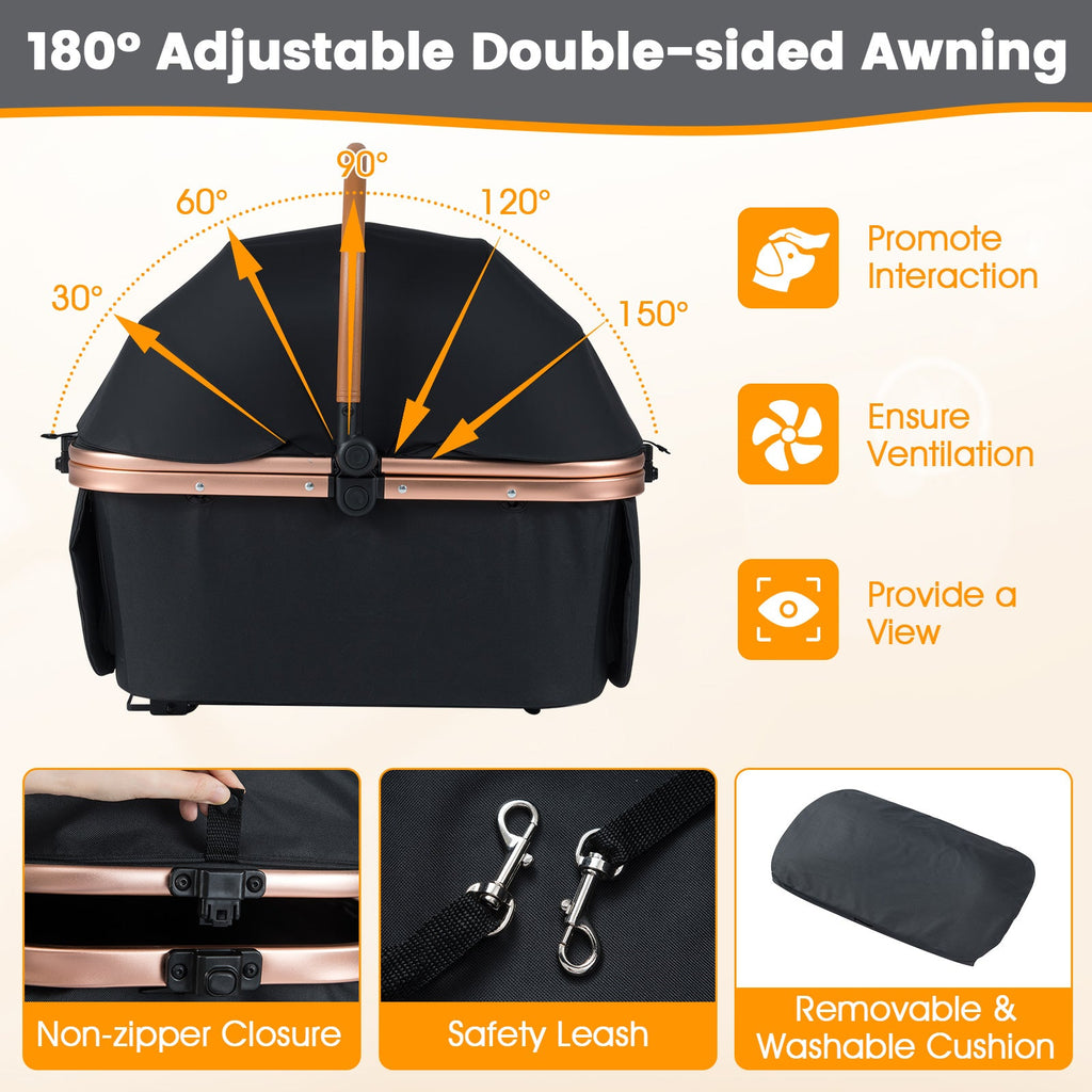 3-in-1 Foldable Stroller with 180 Degree Canopy, Carrier, and Car Seat - Dog Cat - (Black)