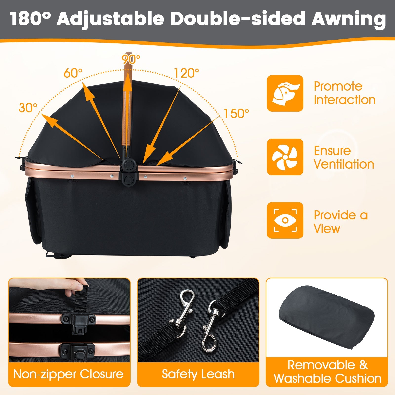 3-in-1 Foldable Stroller with 180 Degree Canopy, Carrier, and Car Seat - Dog Cat - (Black)