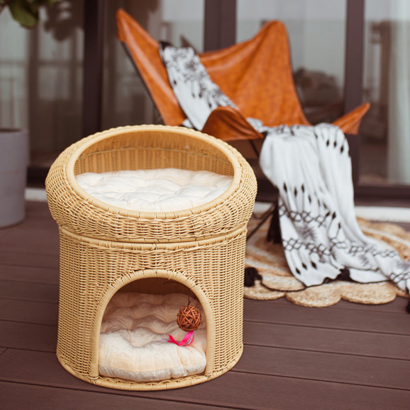 Woven Rattan Double-layer Bed - Cat - (6 Color Options) - (Two Beds in One Piece)