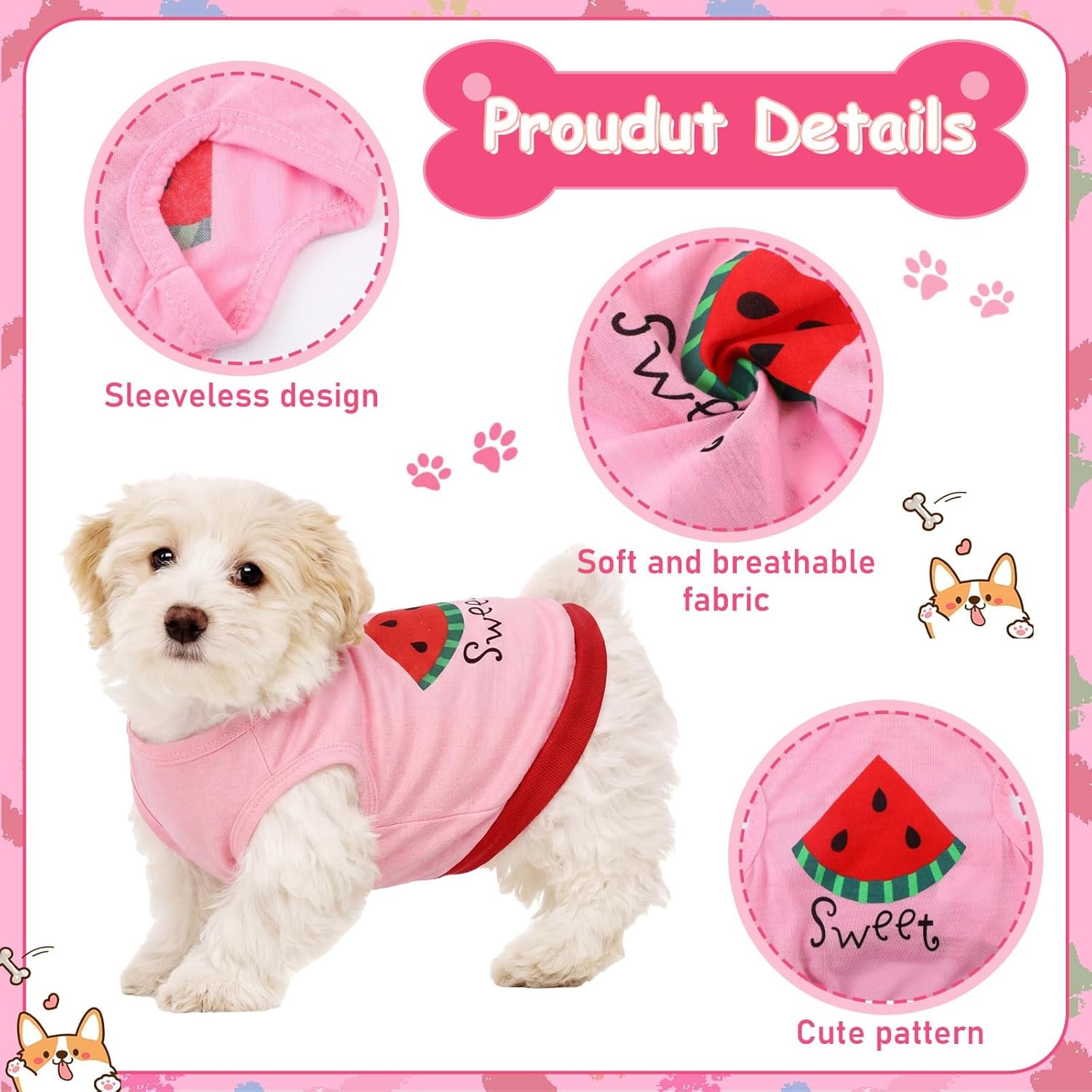 6 Pack Summer Shirt Vest - Dog Cat - (4 Pattern Options) - (XS-L) - (Pink)