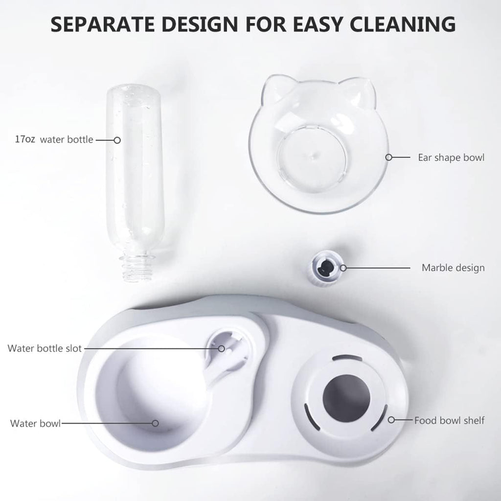 Tilted Water & Food Bowls with Automatic Water Dispenser on White Base - Cat - (Clear)