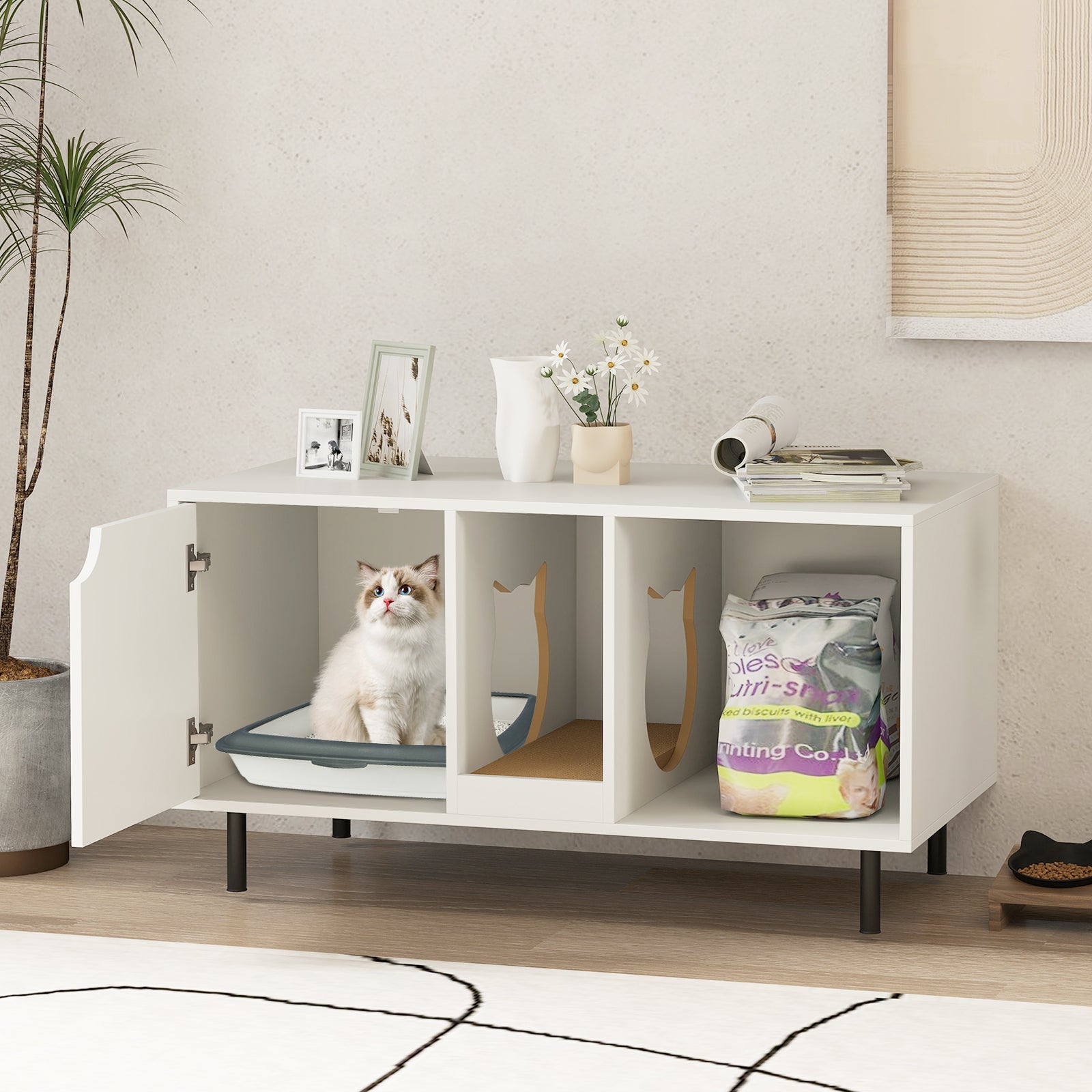 Litter Box Wood Furniture Enclosure for 2 Cats, or Cozy Condo - (White)