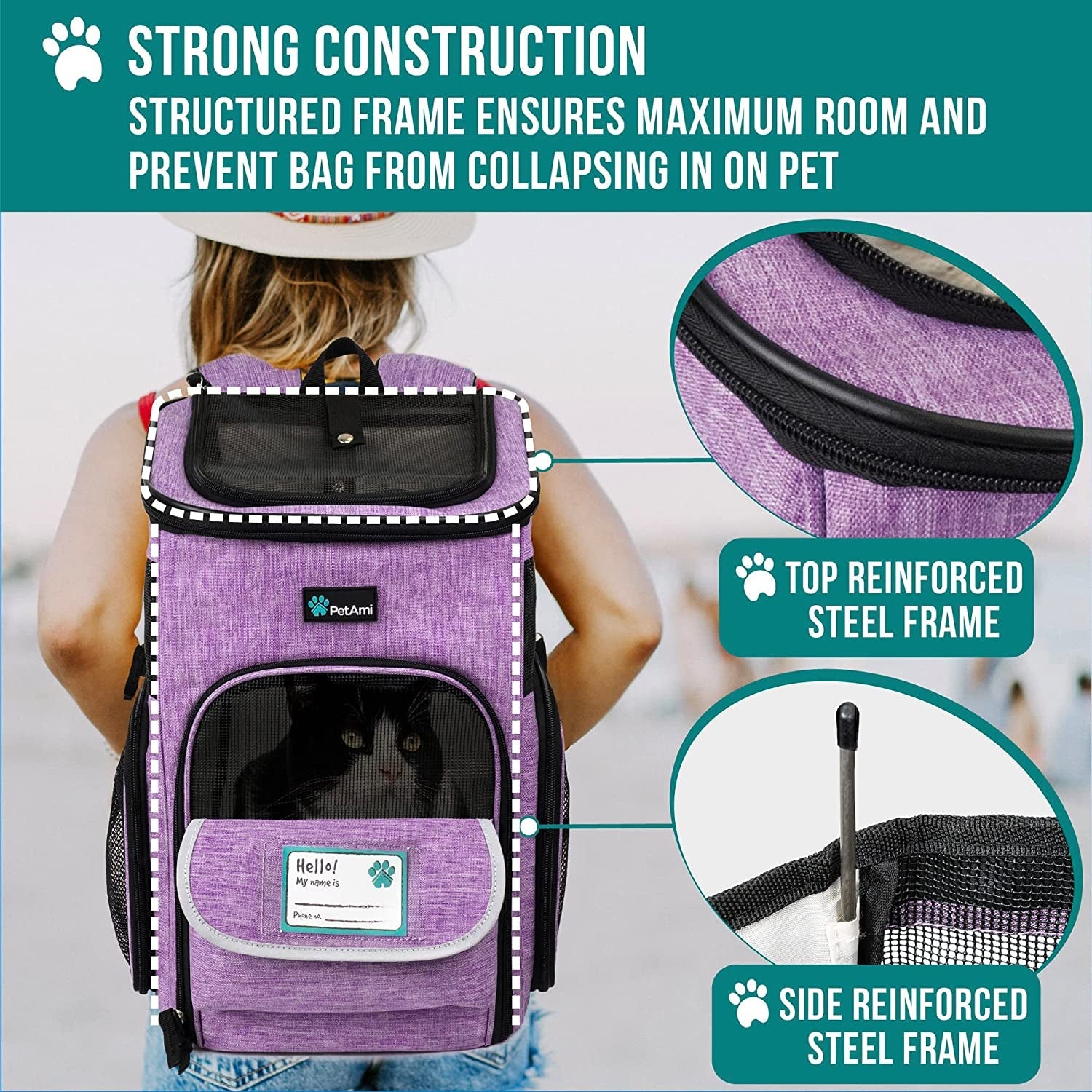 Airline Approved Pet Carrier Backpack  - Dog Cat - (Black+Purple) - (One Size: 16.5 x 12.5 x 12 inches) - (PetAmi) - (While Supplies Last)
