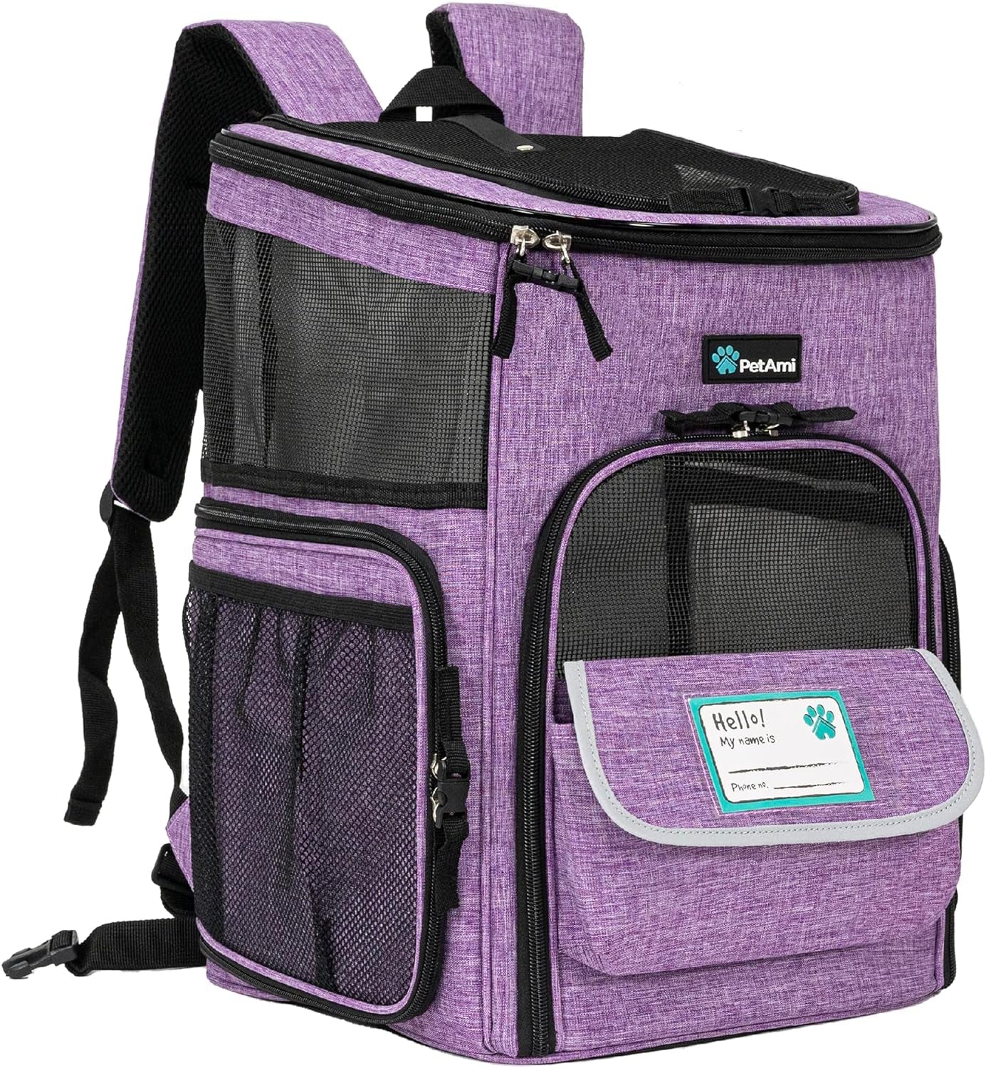 Airline Approved Pet Carrier Backpack  - Dog Cat - (Black+Purple) - (One Size: 16.5 x 12.5 x 12 inches) - (PetAmi) - (While Supplies Last)