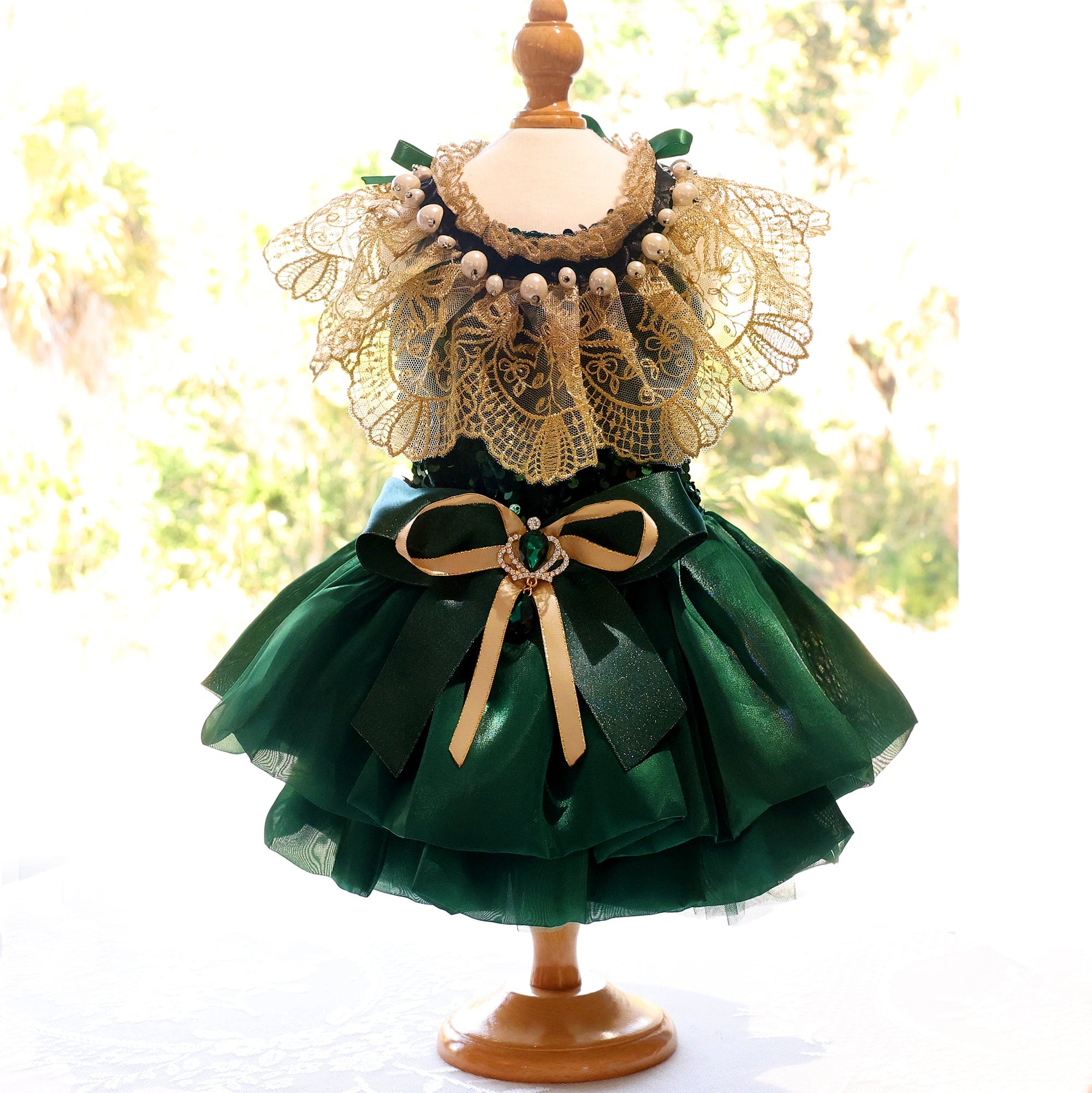 Velvet Pearl and Tulle Dress - Dog (Emerald Green) -(XS-XL) and Customizable - (While Supplies Last)