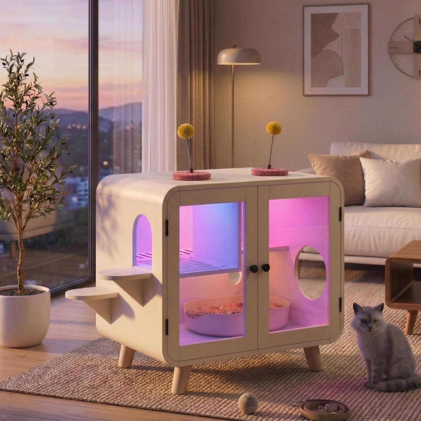 Litter Box Enclosure with LED Light and Glass Doors - Cat - (Total Privacy) - (Toys Included) - (While Supplies Last)