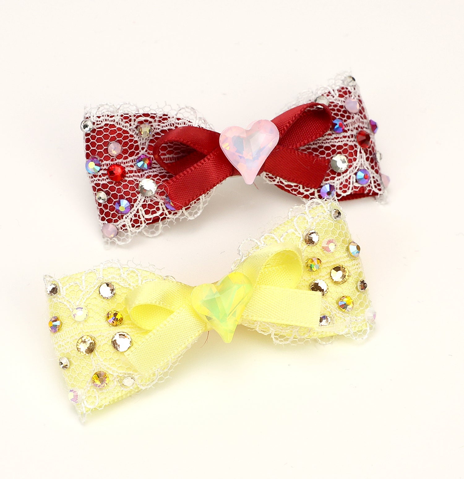 Lace Bow Hair Clip with Heart Crystal - (Red, Yellow) - Dog Cat -  (While Supplies Last)