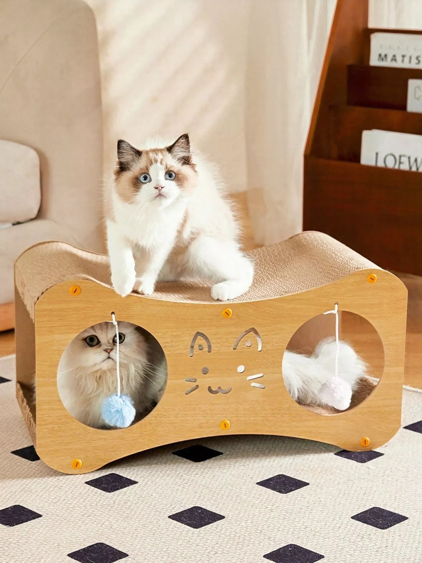 Interactive Lounge with Scratch Pad and Toys - Cat - (Tan, Gumleaf) - (Wood)- (S, L) - While Supplies Last)