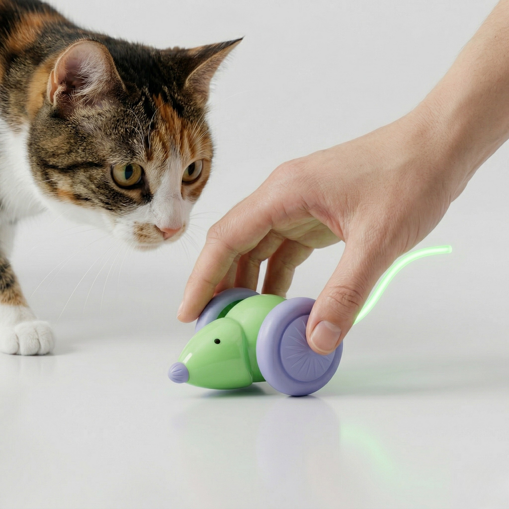 Interactive Mouse with Tail Wagging Toy - Cat - (USB Charged) - (Green, White)