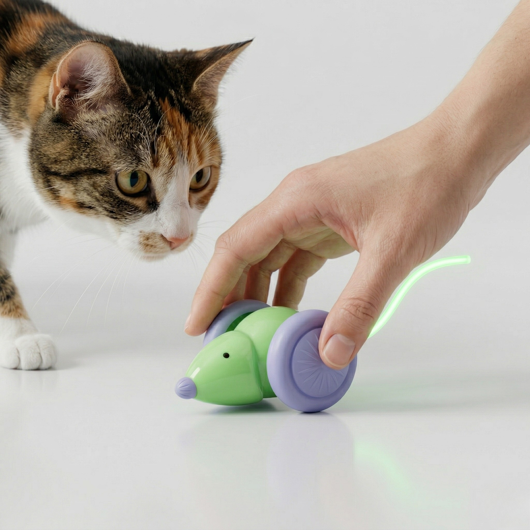 Interactive Mouse with Tail Wagging Toy - Cat - (USB Charged) - (Green, White)