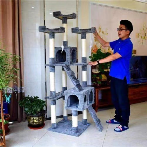 Large Wood Cat Tree - Cats  - (3-Jumping Platforms) - (2 Cat Houses) - (Scratch Posts)  - (Dark Grey) -