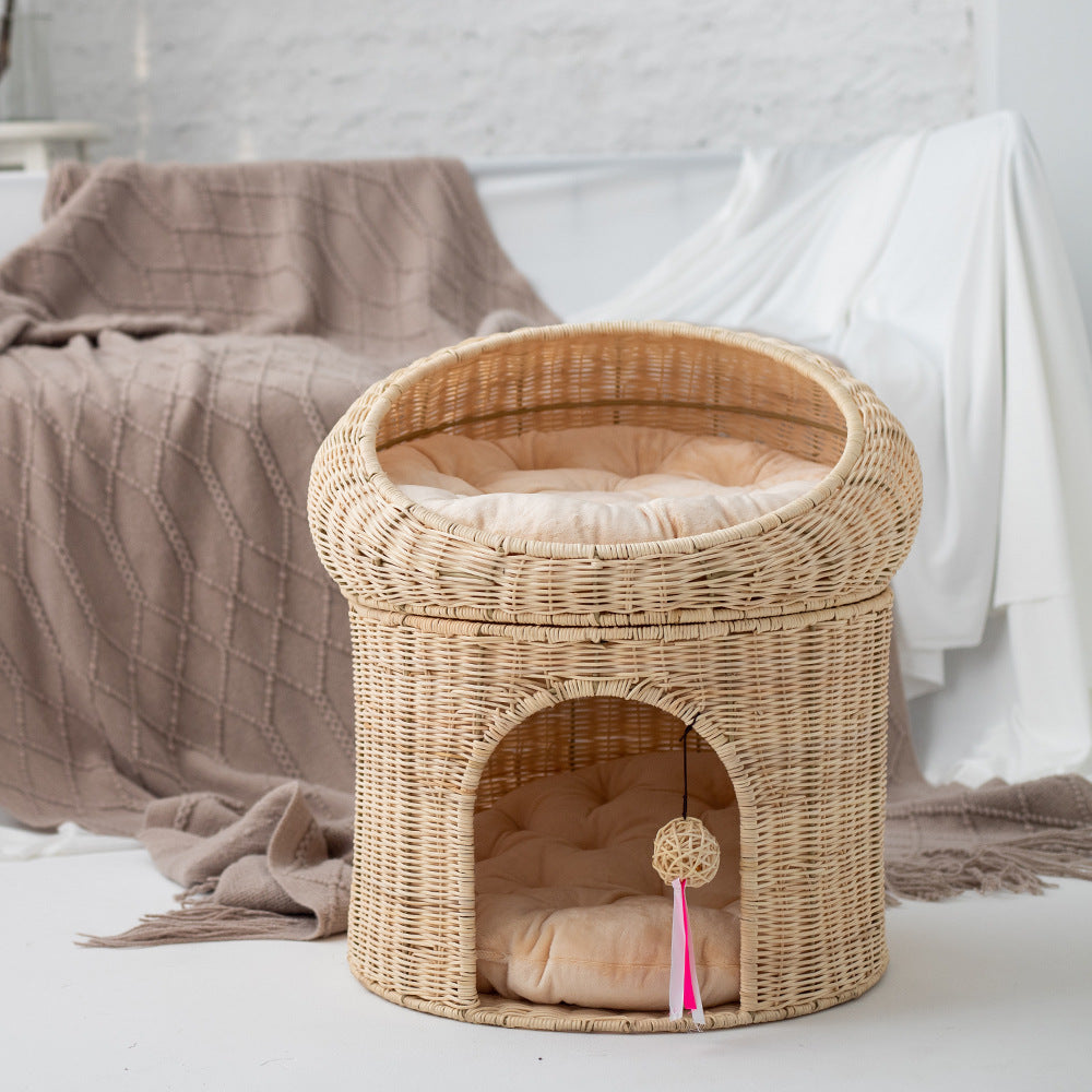 Woven Rattan Double-layer Bed - Cat - (6 Color Options) - (Two Beds in One Piece)