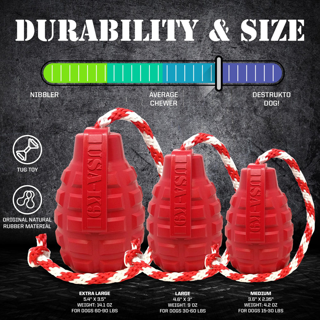 USA-K9 Grenade Shaped Rubber Tug Toy -  Dog -  (M, L) - (Treat Dispenser) - (Blue, Red) - (While Supplies Last)