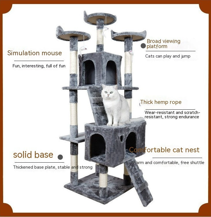 Large Wood Cat Tree - Cats  - (3-Jumping Platforms) - (2 Cat Houses) - (Scratch Posts)  - (Dark Grey) -