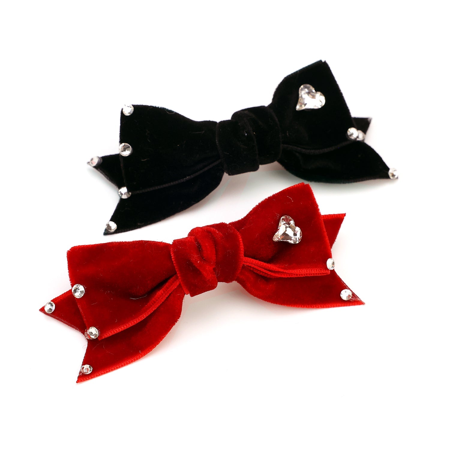 Velvet Bow Hair Clip with Rhinestone Heart - (Black, Red) - Dog Cat - (While Supplies Last)