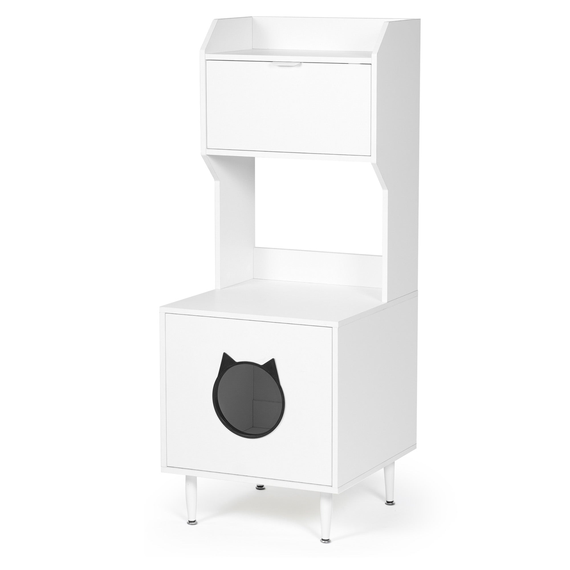 Wood Storage Cabinet, Cat House, and Litter Box Enclosure - Cat - (White) - (Vintage Style)