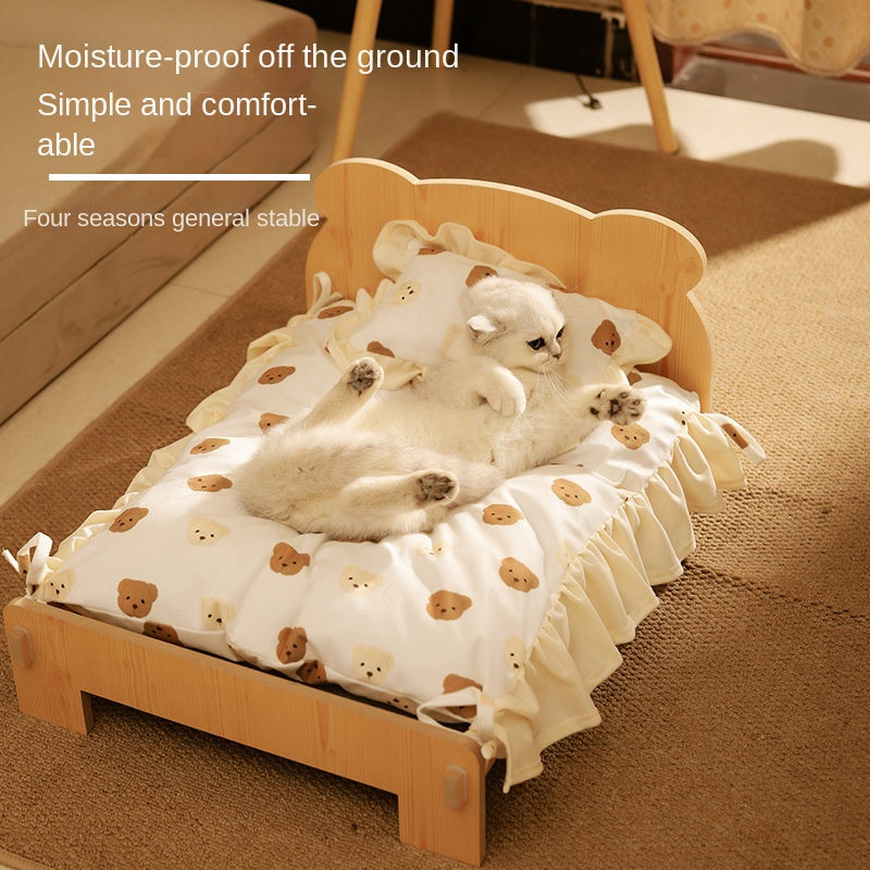 Solid Wood Teddy Bear Bed  - Dog Cat - (Cartoon Bedding Set ) - (S) - (Light Pine) - (Quality)