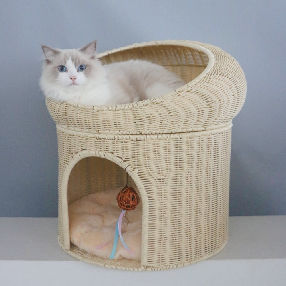 Woven Rattan Double-layer Bed - Cat - (6 Color Options) - (Two Beds in One Piece)