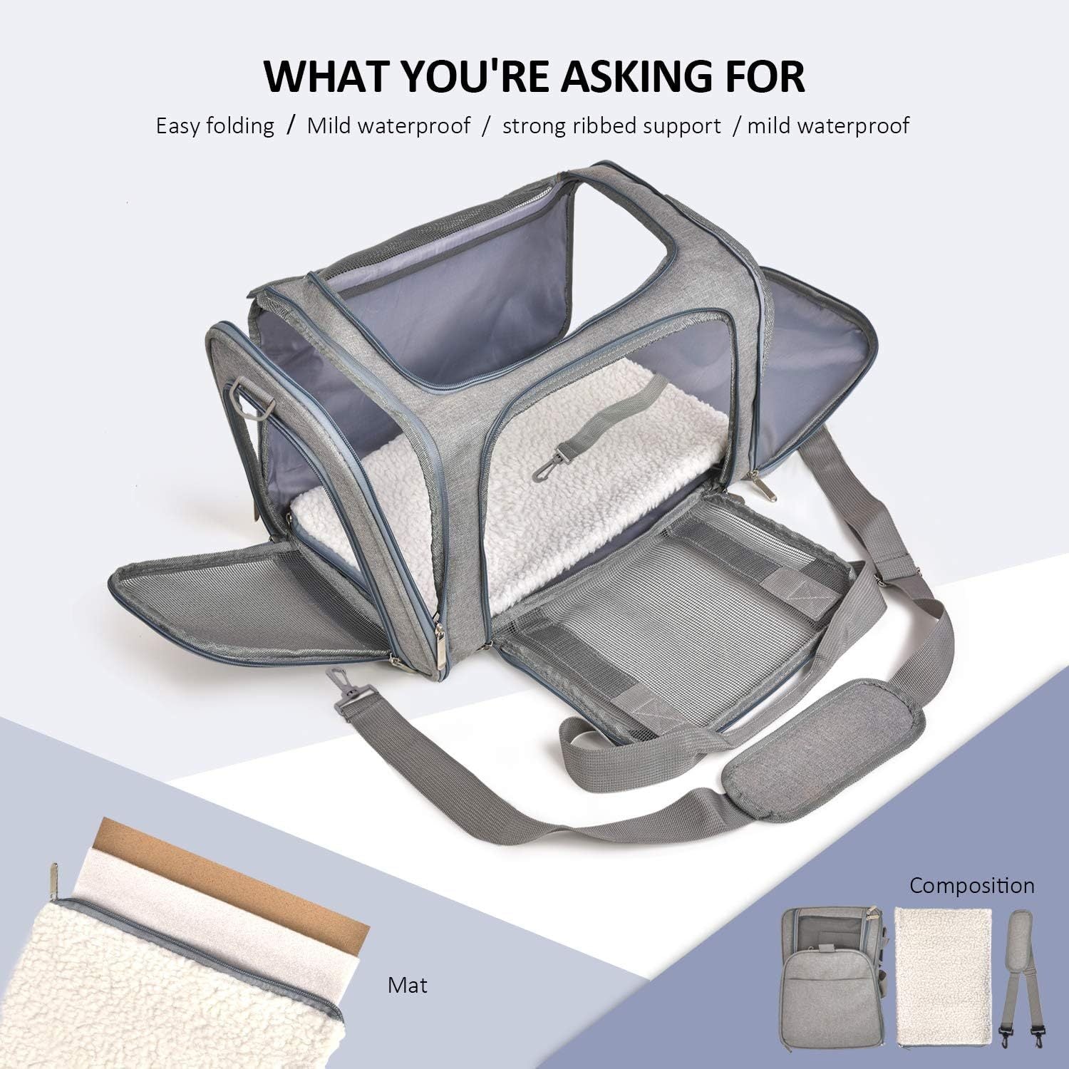 Airline Approved Pet Travel Carrier Bag - Dog Cat - (S,M,L) - (Grey)