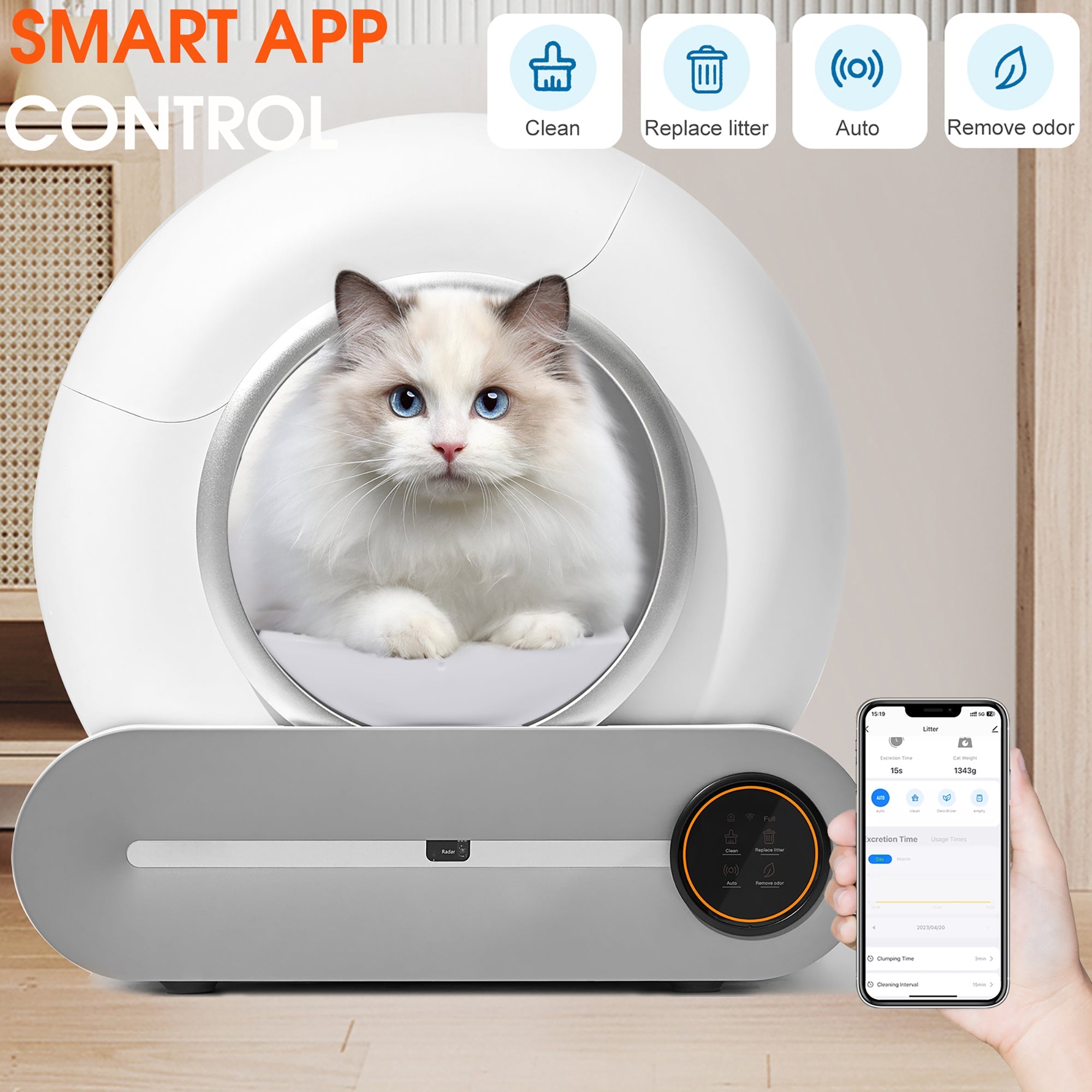 Automatic Self-Cleaning Odor Removal Litter Box - Cat - (White & Grey)
