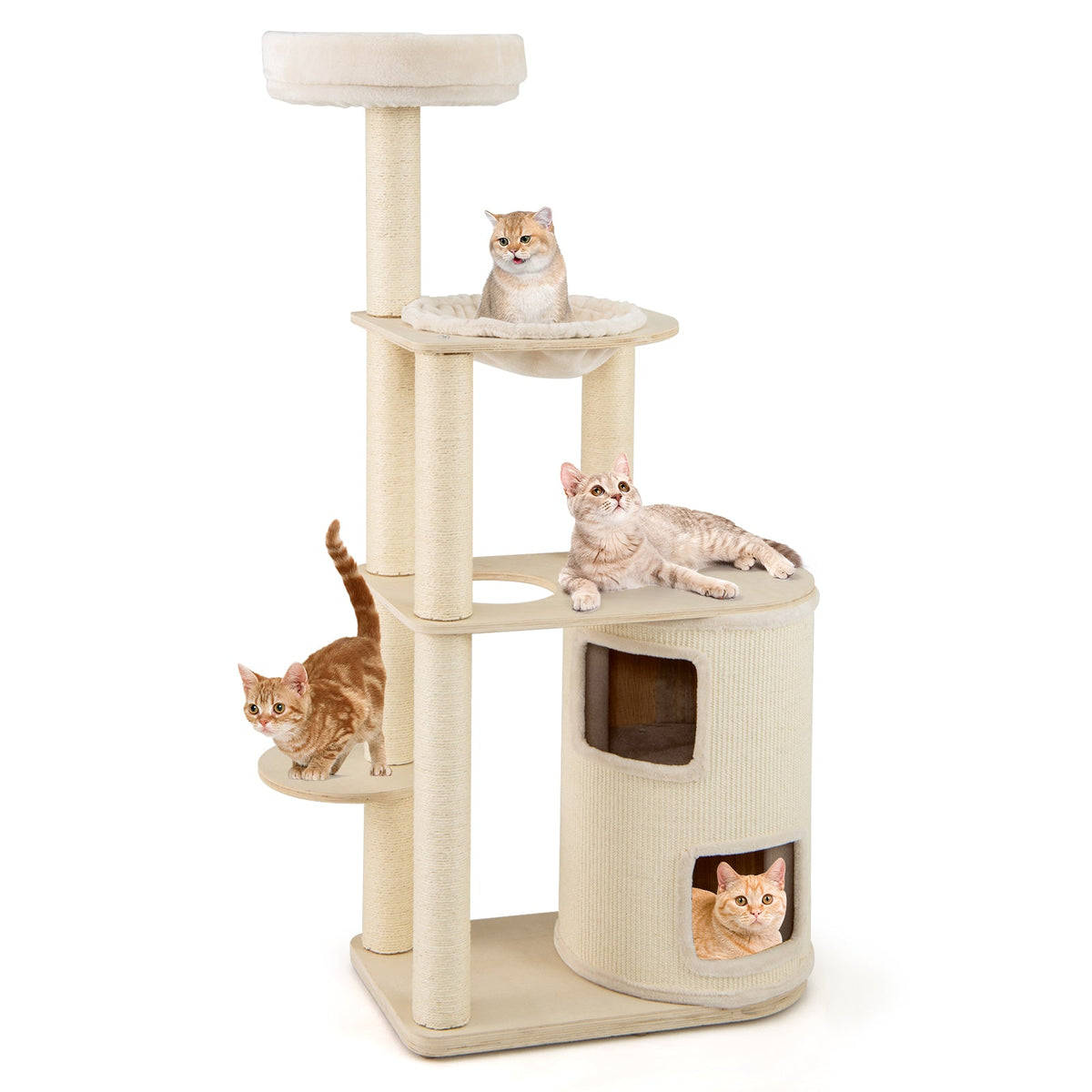 2-Story Condo Cat Tree with a Hammock, Scratching Posts, and a Top Plush Perch Bed  - (Natural) - (60" T) - (Gbruno)