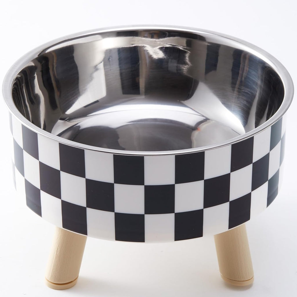 Elevated Checkered Feeding Bowl on Wood Legs - Dog Cat - (Black & White) - (While Supplies Last)