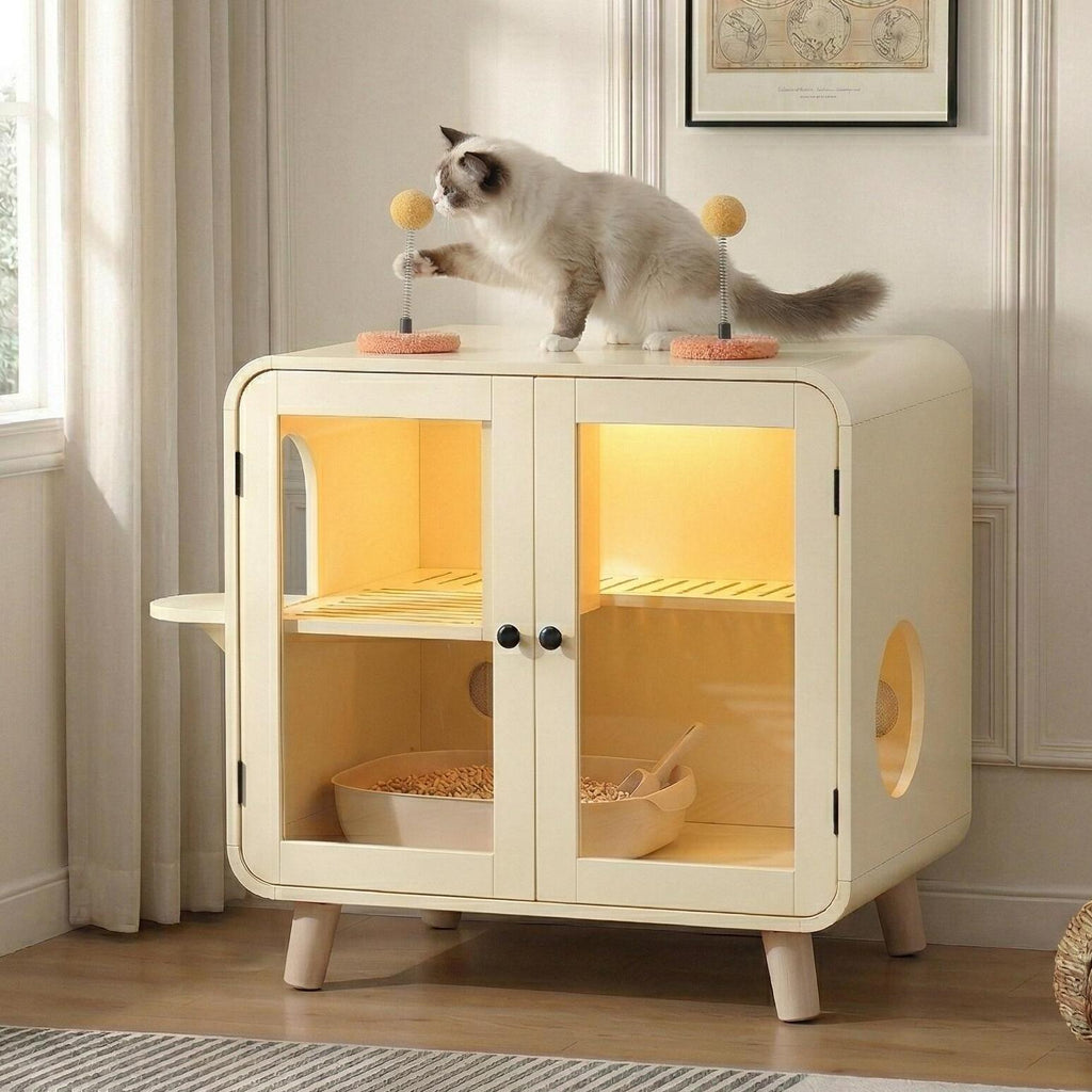 Litter Box Enclosure with LED Light and Glass Doors - Cat - (Total Privacy) - (Toys Included) - (While Supplies Last)