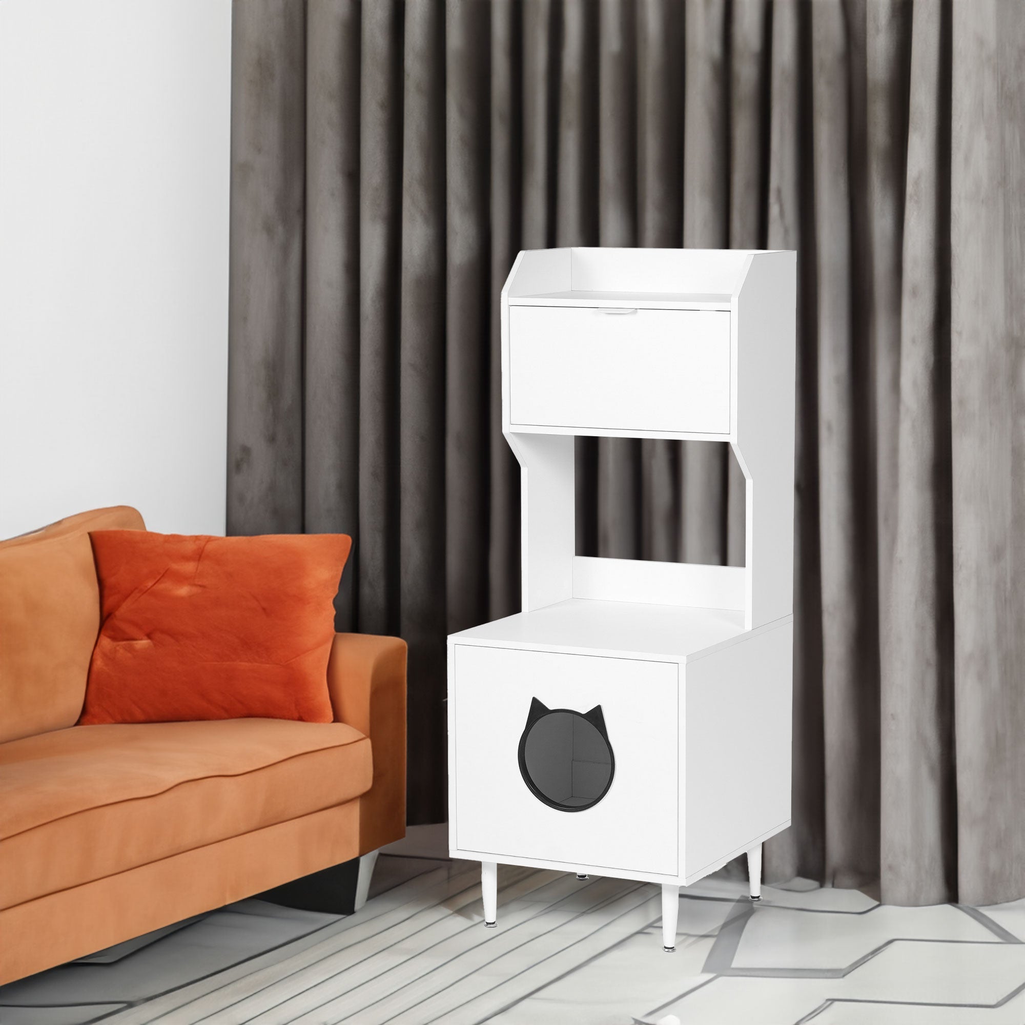 Wood Storage Cabinet, Cat House, and Litter Box Enclosure - Cat - (White) - (Vintage Style)