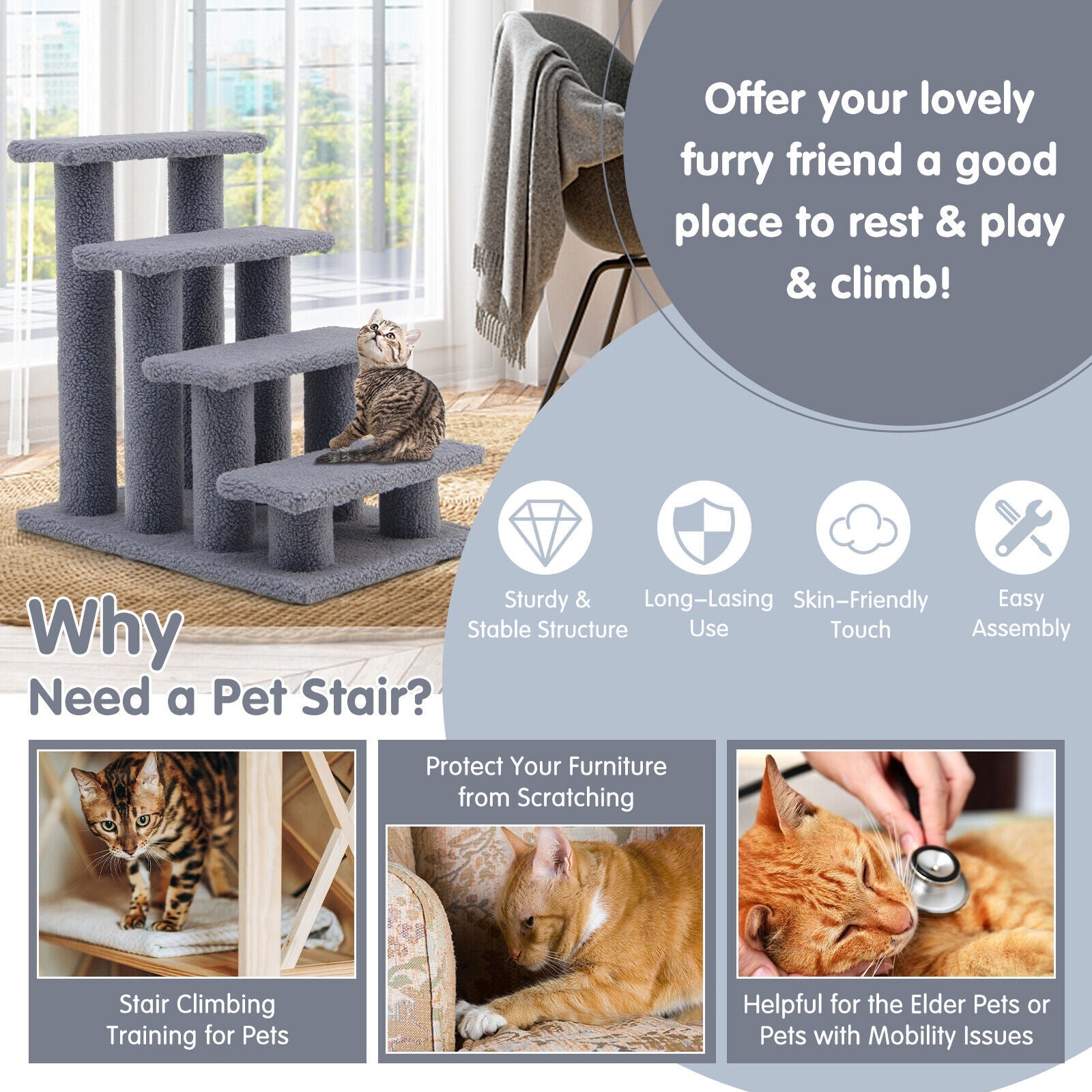 4-Step Pet Stairs with Scratching Post - Dog Cat  -  (Gbruno) - (Carpeted) - (Grey) - (While Supplies Last)