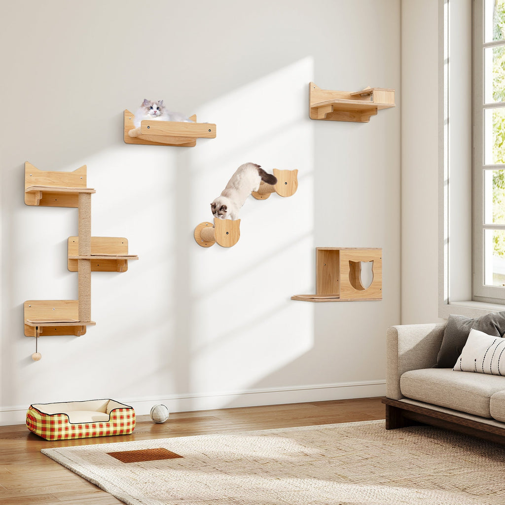 Wall Mounted Non-Slip Shelves - Cat - (6 Pcs) - (Solid Plywood) - (Beige, Brown)