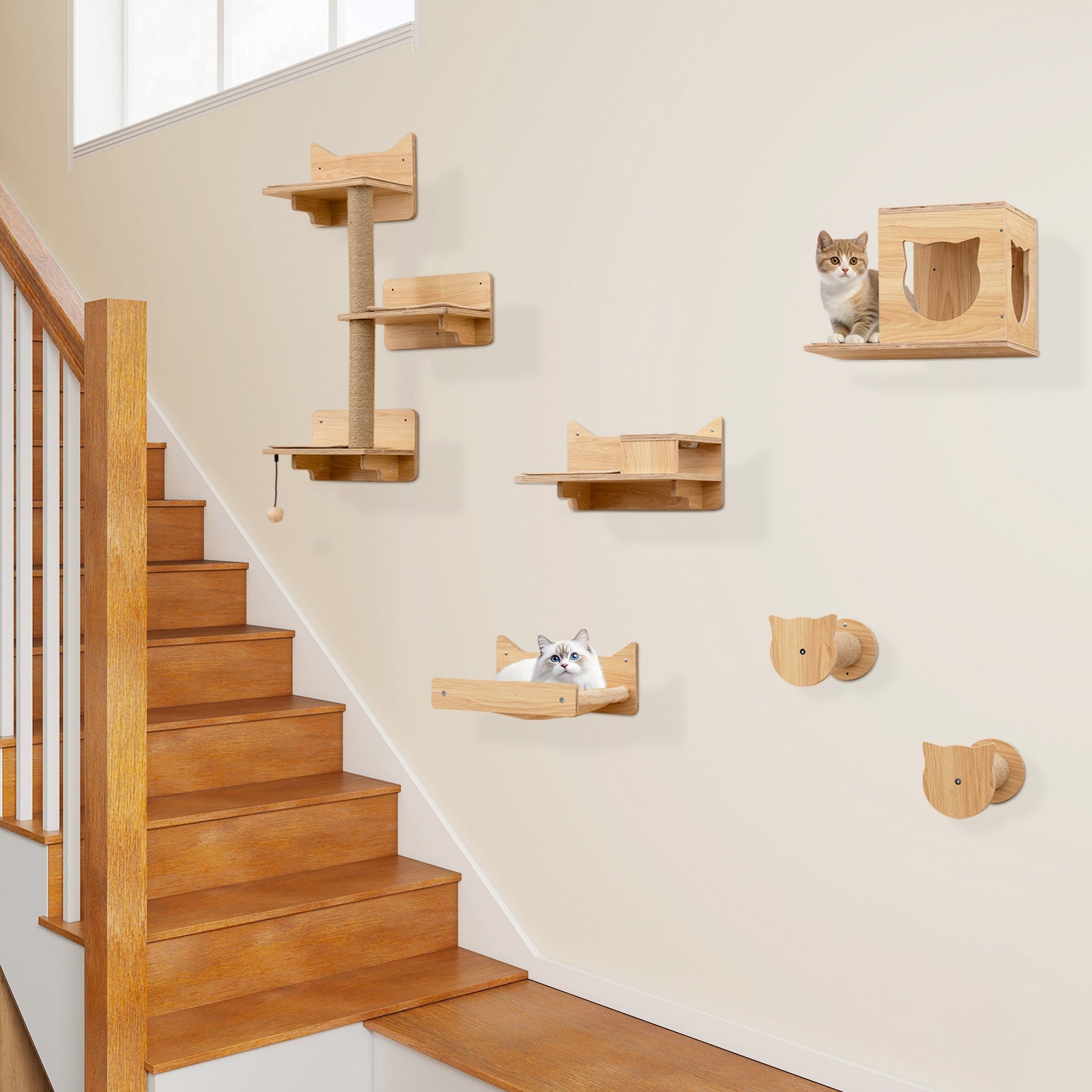 Wall Mounted Non-Slip Shelves - Cat - (6 Pcs) - (Solid Plywood) - (Beige, Brown)