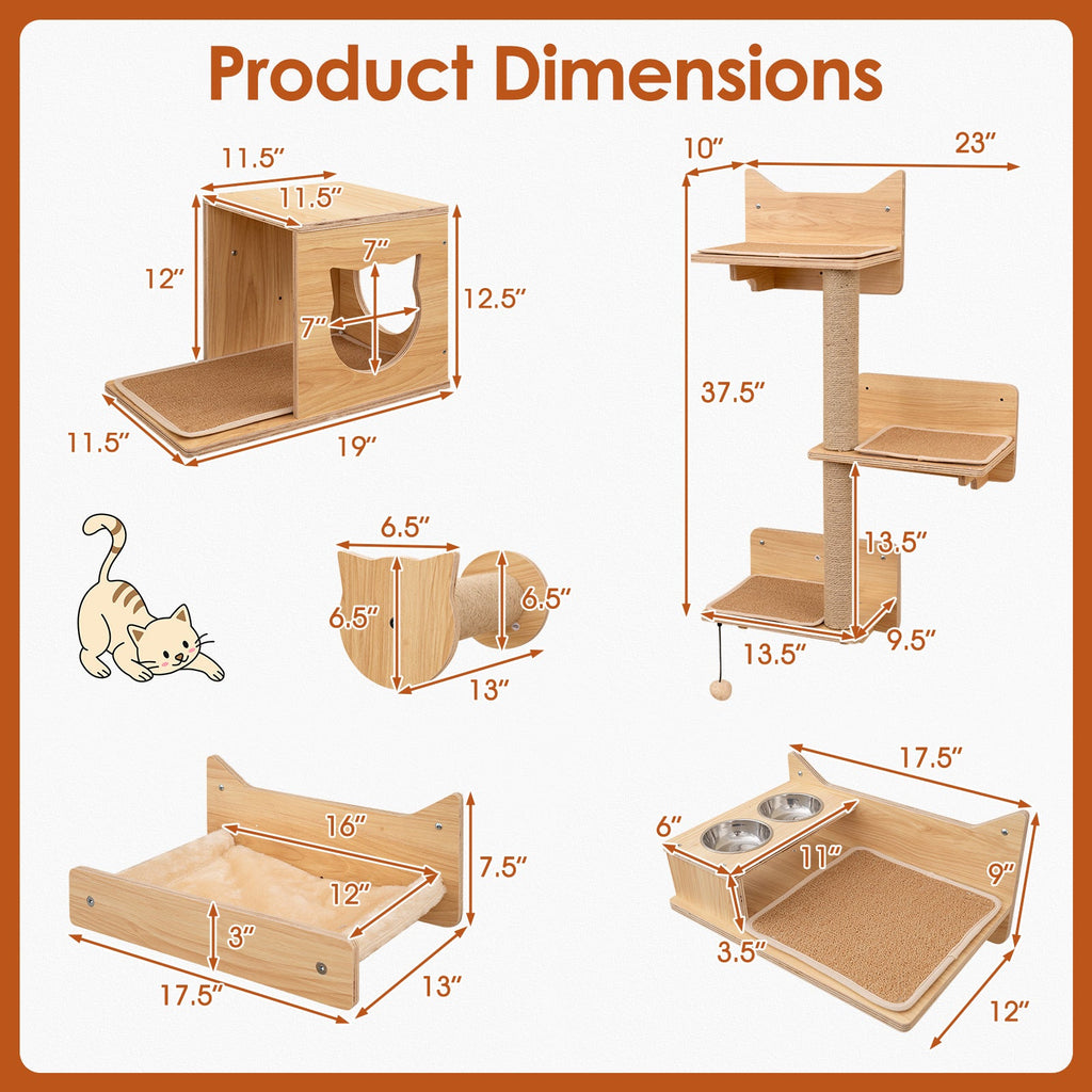 Wall Mounted Non-Slip Shelves - Cat - (6 Pcs) - (Solid Plywood) - (Beige, Brown)