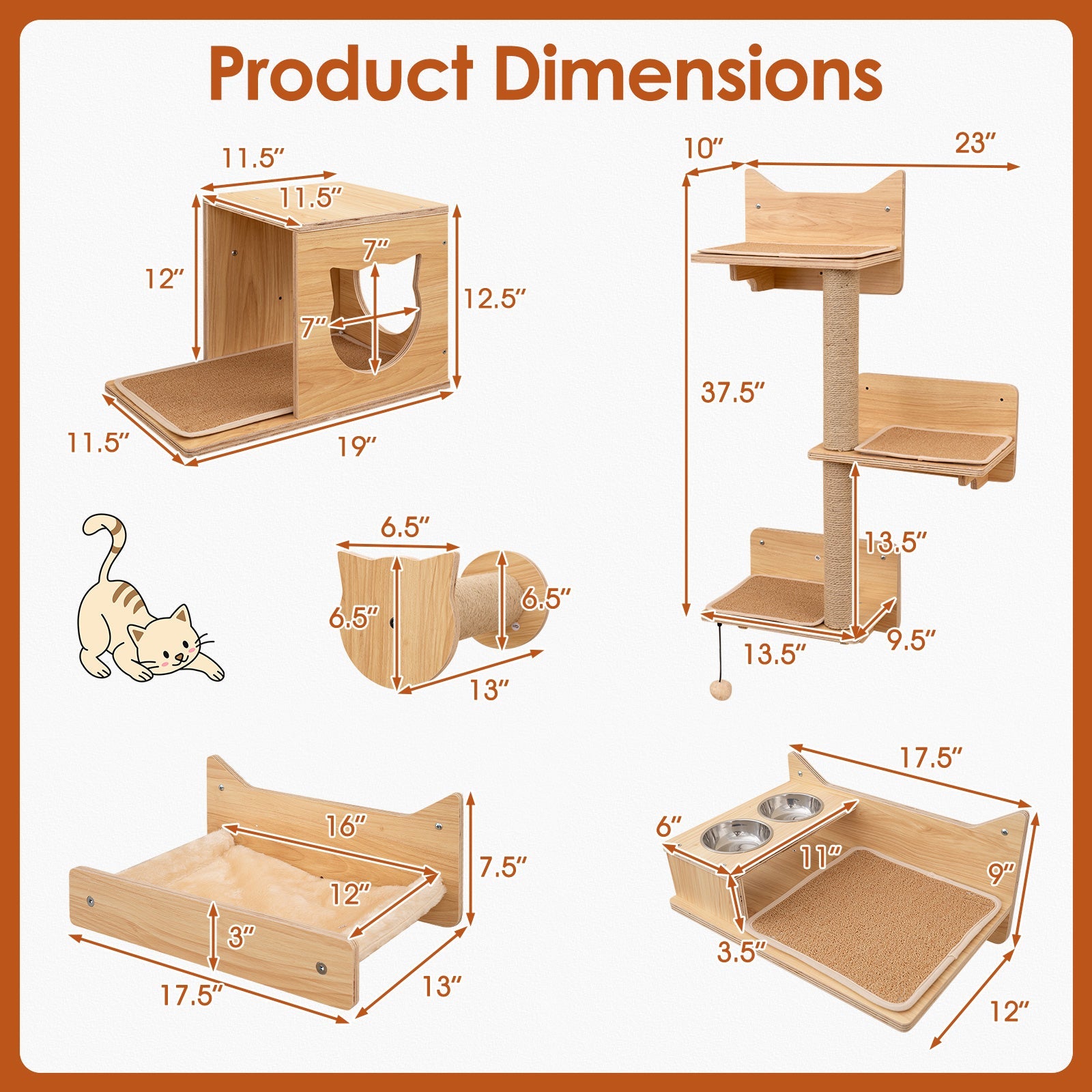 Wall Mounted Non-Slip Shelves - Cat - (6 Pcs) - (Solid Plywood) - (Beige, Brown)