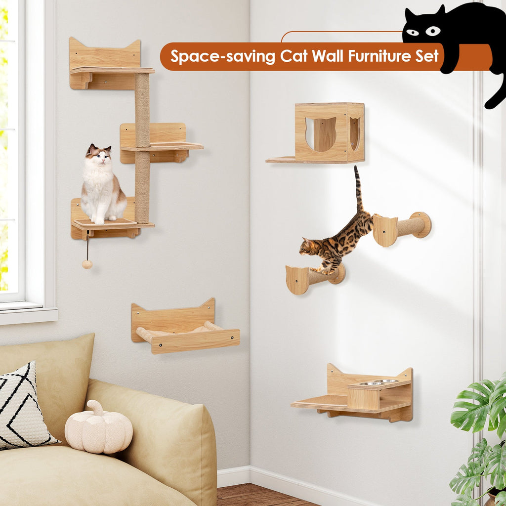Wall Mounted Non-Slip Shelves - Cat - (6 Pcs) - (Solid Plywood) - (Beige, Brown)
