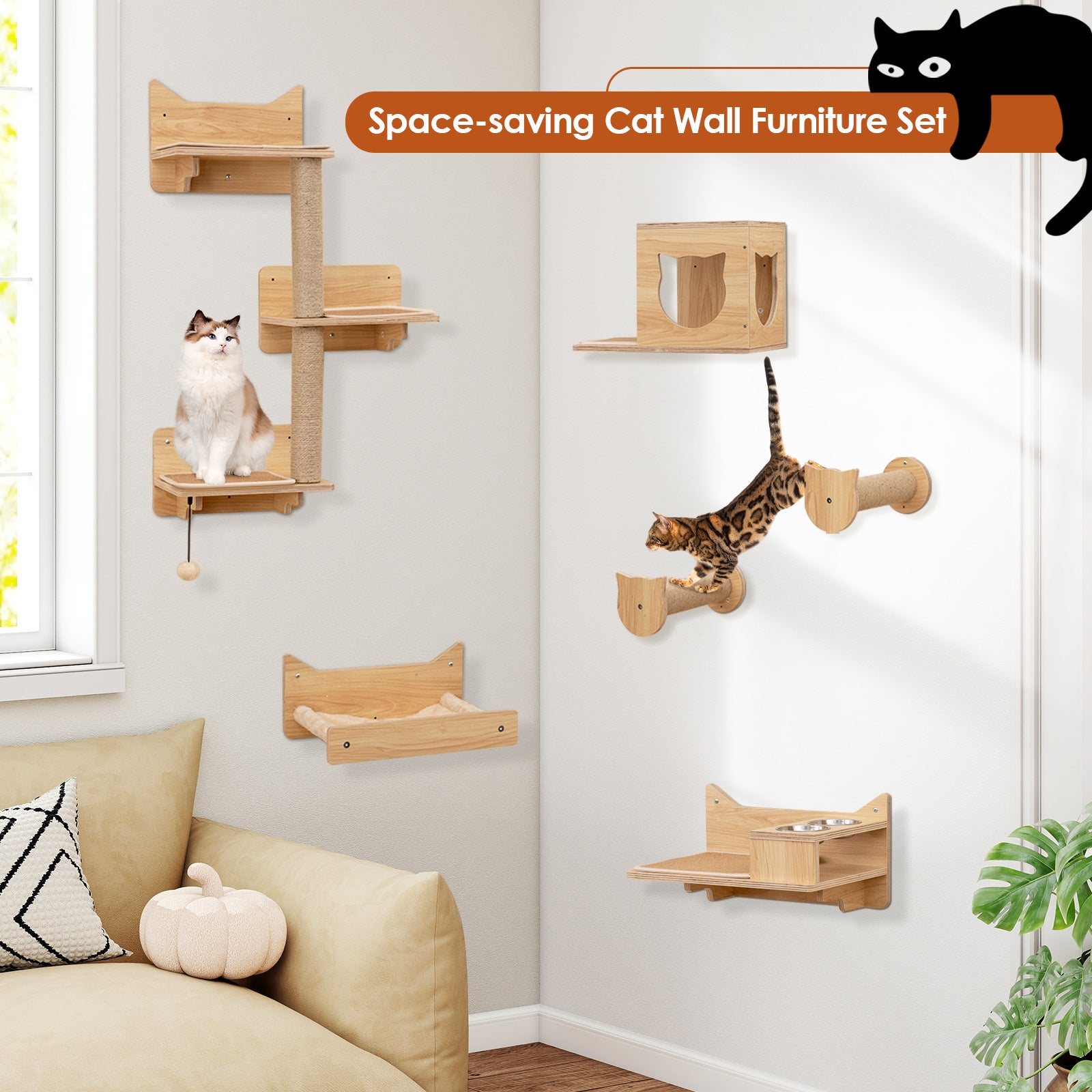 Wall Mounted Non-Slip Shelves - Cat - (6 Pcs) - (Solid Plywood) - (Beige, Brown)