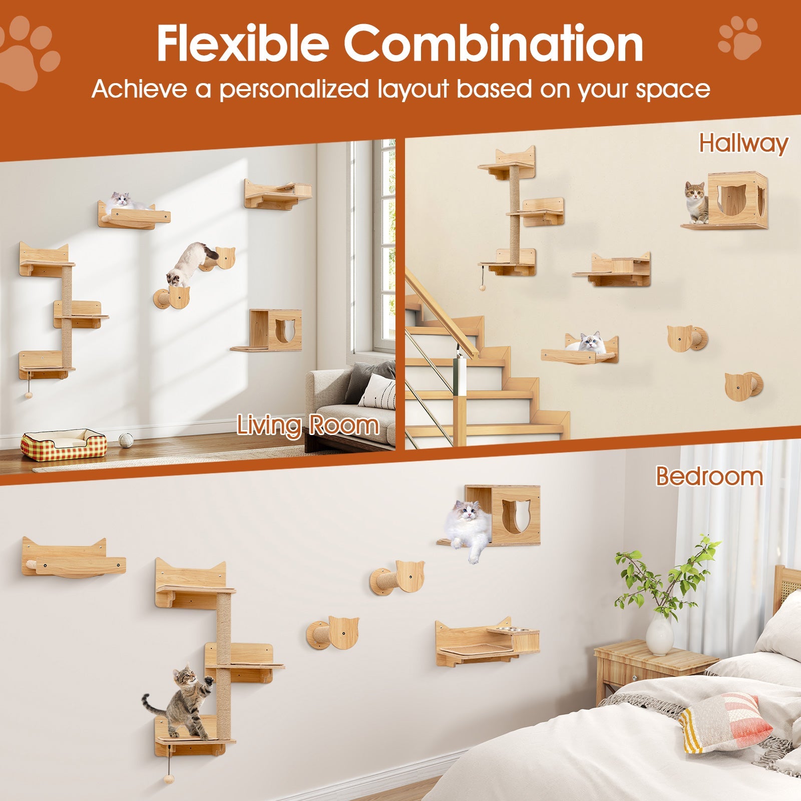 Wall Mounted Non-Slip Shelves - Cat - (6 Pcs) - (Solid Plywood) - (Beige, Brown)