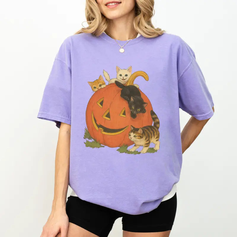 Vintage 90s Halloween Cat T-Shirt -(11 Colors) - (3XL - Sm) - Ladies