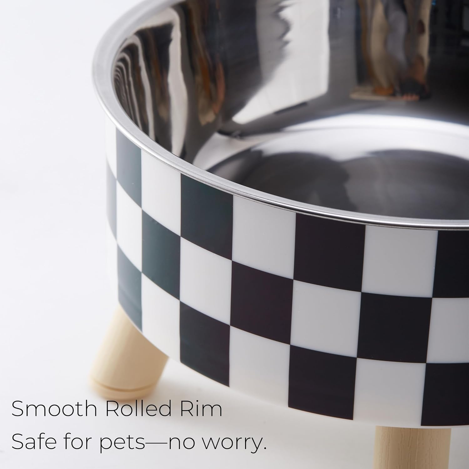 Elevated Checkered Feeding Bowl on Wood Legs - Dog Cat - (Black & White) - (While Supplies Last)