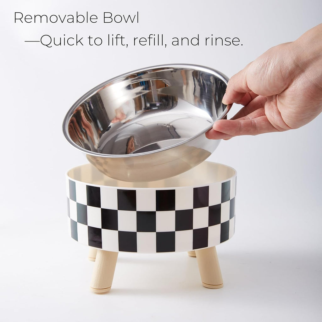 Elevated Checkered Feeding Bowl on Wood Legs - Dog Cat - (Black & White) - (While Supplies Last)