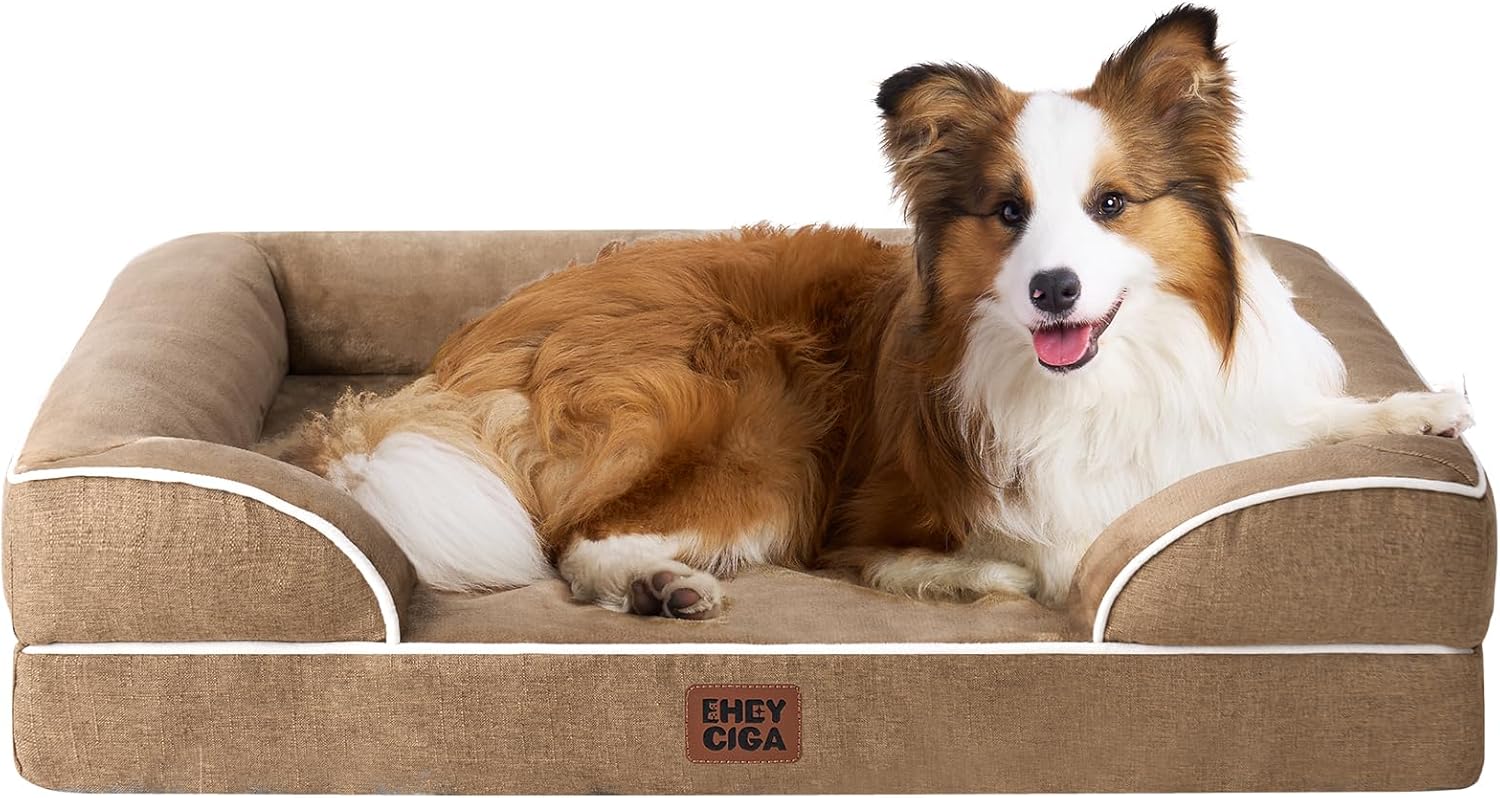 EHEYCIGA Orthopedic Dog Beds for Extra Large Dogs 44x32Inch, Waterproof Memory Foam XL Pet Bed with Sides, Non-Slip and Egg-Crate Foam Big Dog Couch Bed with Washable Removable Cover, Grey