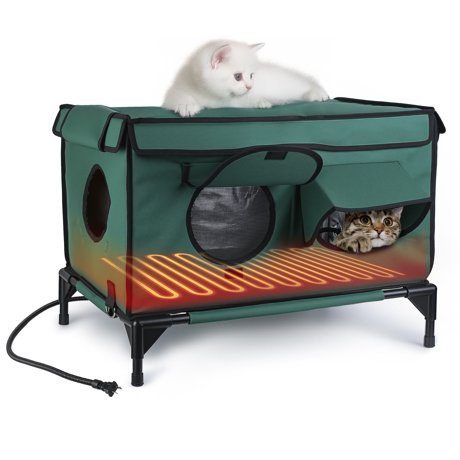 Weatherproof and Heated Shelter House - Multiple Cats - (Green - (While Supplies Last)