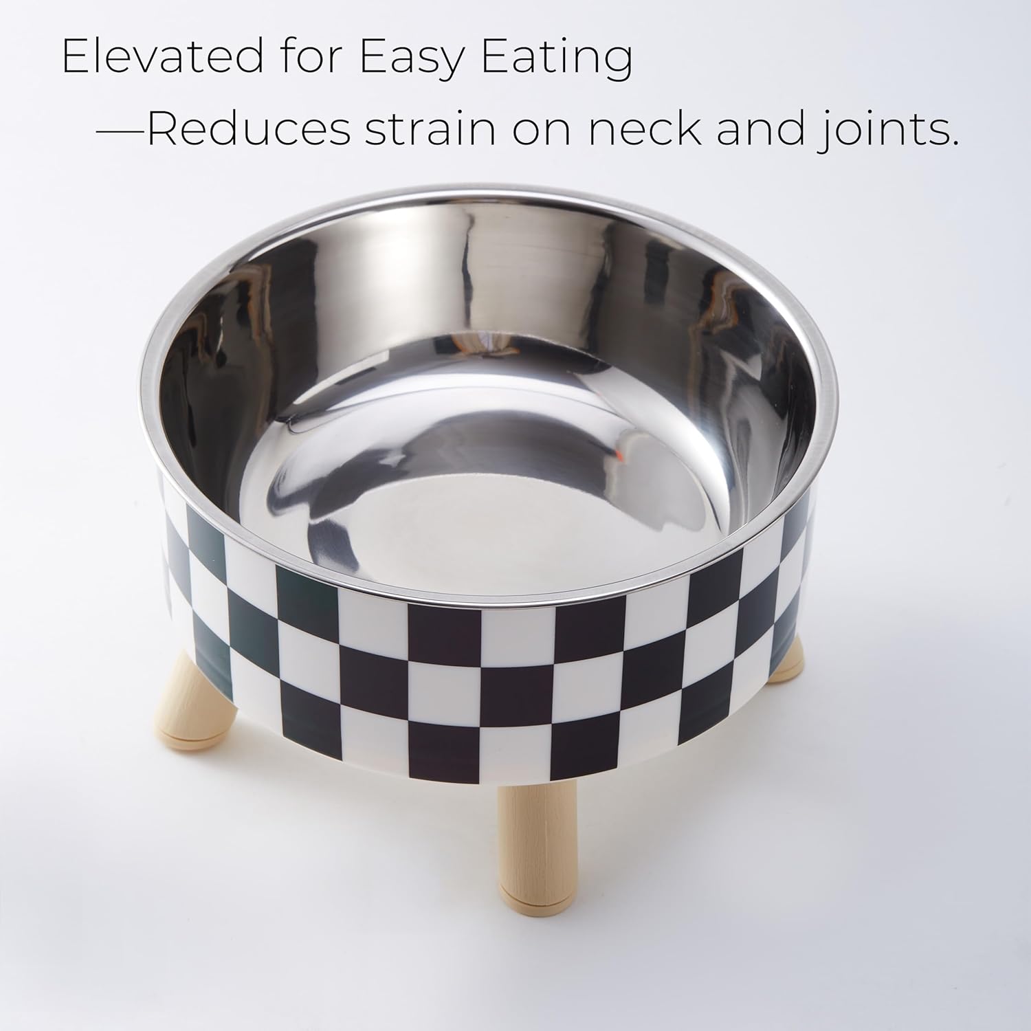 Elevated Checkered Feeding Bowl on Wood Legs - Dog Cat - (Black & White) - (While Supplies Last)