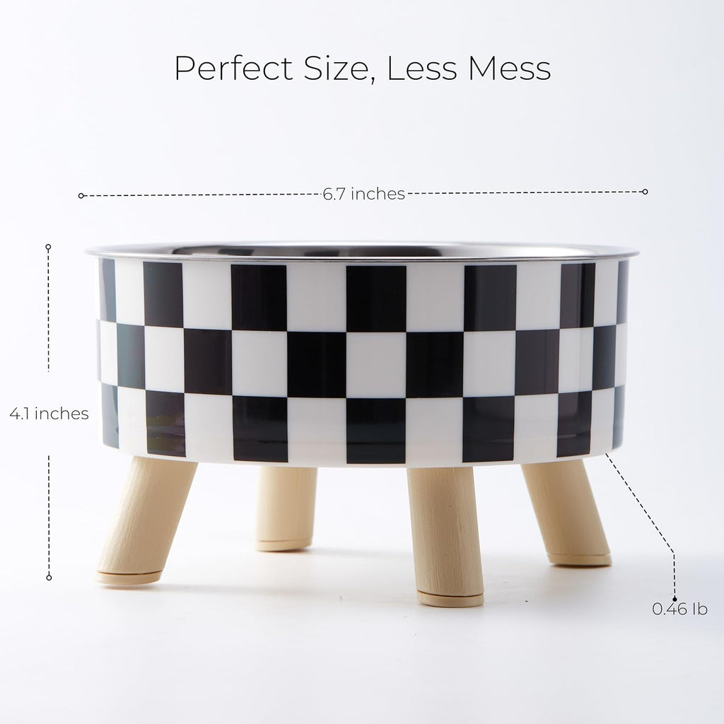 Elevated Checkered Feeding Bowl on Wood Legs - Dog Cat - (Black & White) - (While Supplies Last)